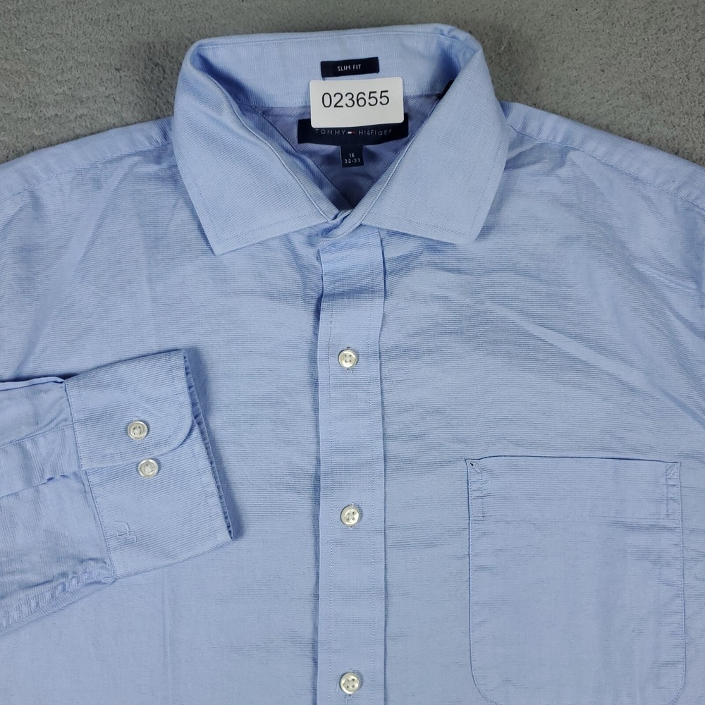 Tommy Hilfiger Shirt Mens 16 Blue Pocket Dress Button Up Long Sleeve